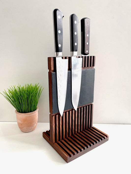 Wooden magnetic knife holder | Knife block wood and leather | Magnetic block up to 6 knives | Wooden block | Knife stand